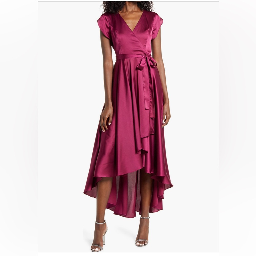 Lulus Fallen for You Satin High-Low Dress Magenta holiday dress